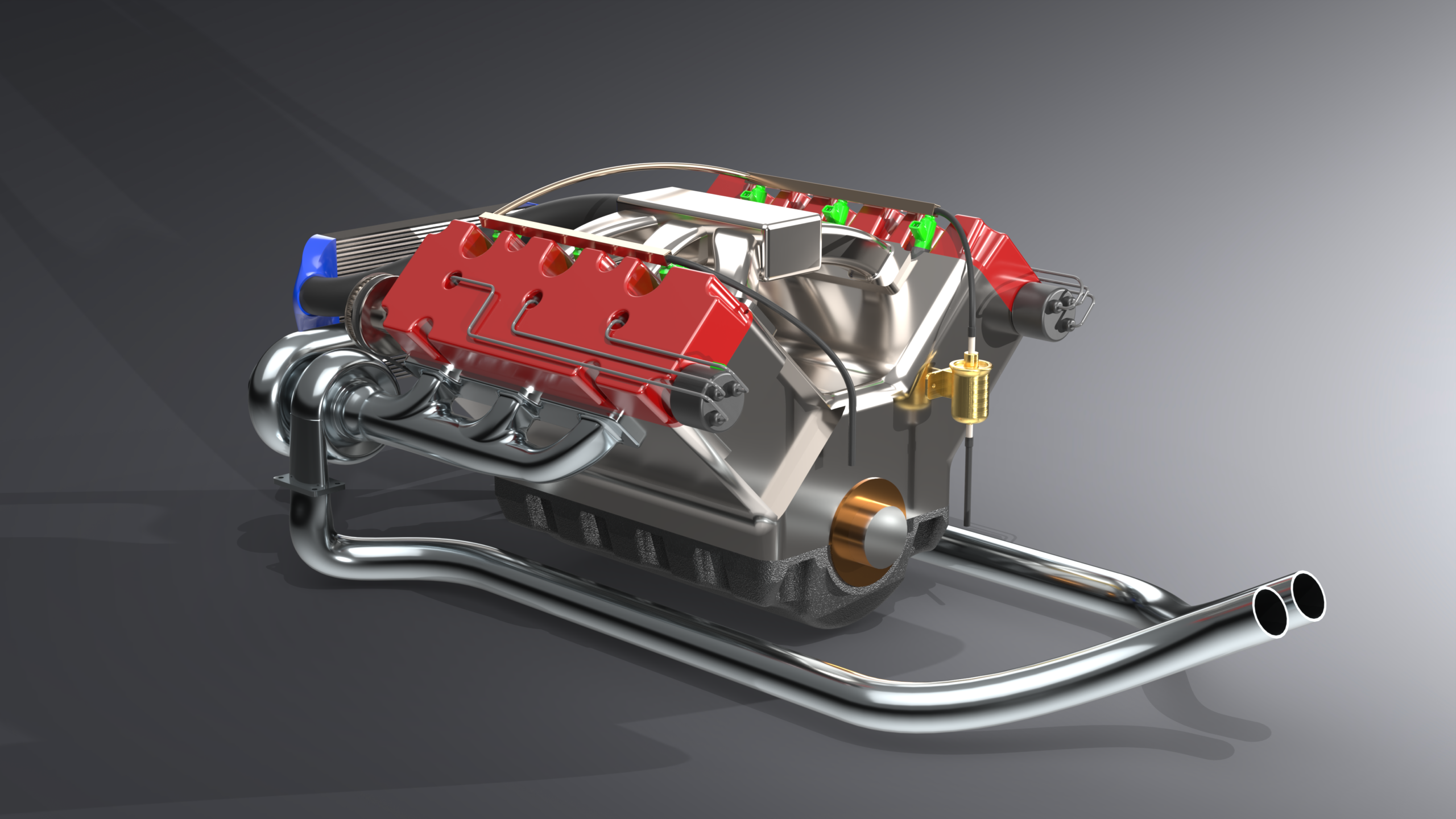 SolidWorks V6 Twin-Turbo Engine rear total engine render gray tt v6 project schwartz